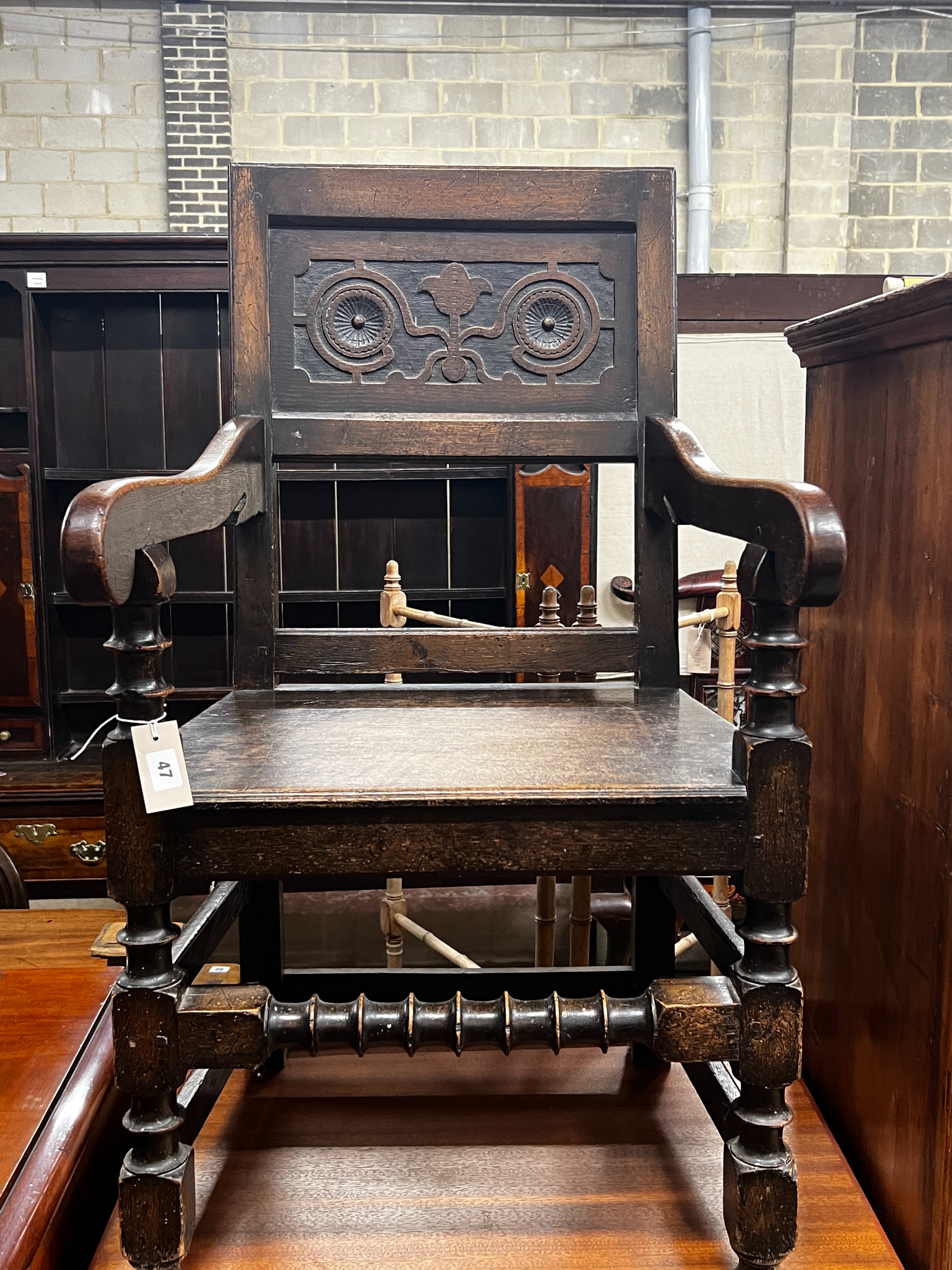 A Victorian Jacobean Revival oak Wainscot chair, width 55cm, depth 43cm, height 102cm